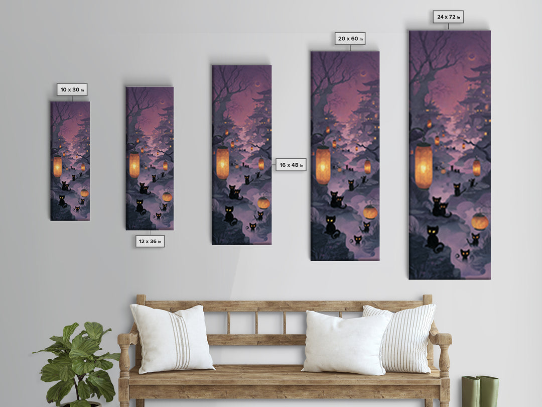 The Moonlit Cat Masquerade - Environmental Panorama, Macabre Halloween Art, Tall Narrow Wall Art, Framed Canvas Print, Halloween Home Decor