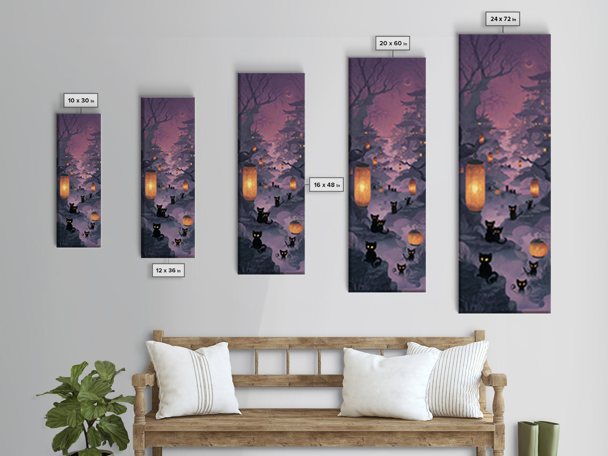The Moonlit Cat Masquerade - Environmental Panorama, Macabre Halloween Art, Tall Narrow Wall Art, Framed Canvas Print, Halloween Home Decor