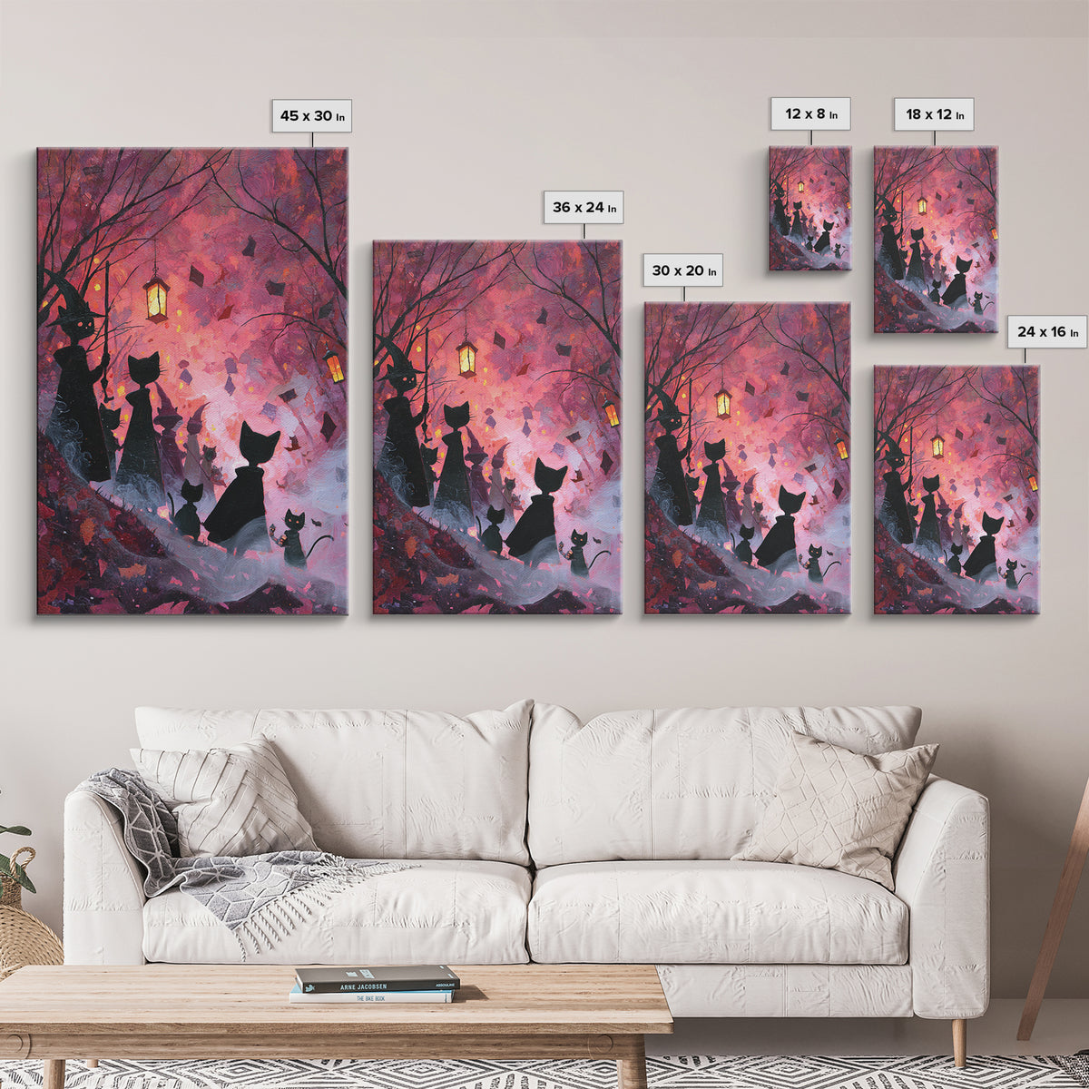 The Moonlit Cat Masquerade - Procession Scene, Macabre Halloween Art, Vertical Wall Art, Framed Canvas Print, Halloween Home Decor