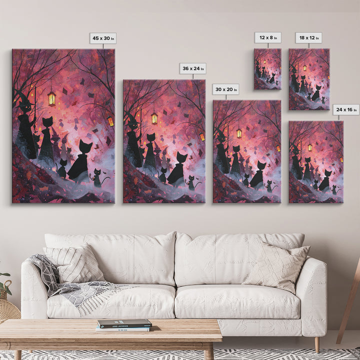 The Moonlit Cat Masquerade - Procession Scene, Macabre Halloween Art, Vertical Wall Art, Framed Canvas Print, Halloween Home Decor