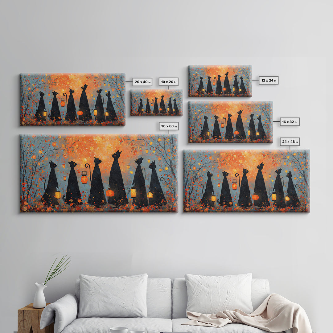 The Moonlit Cat Masquerade - Procession Scene, Spooky Wall Decor, Wide Panoramic Art, Framed Canvas Print, Halloween Home Decor