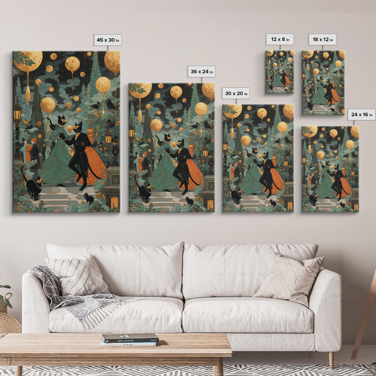 The Moonlit Cat Masquerade - Surreal Celestial Vision, Spooky Wall Decor, Vertical Wall Art, Framed Canvas Print, Halloween Home Decor