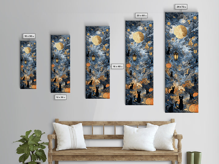The Moonlit Cat Masquerade - Surreal Celestial Vision, Occult Wall Decor, Tall Narrow Wall Art, Canvas Print, Halloween Home Decor