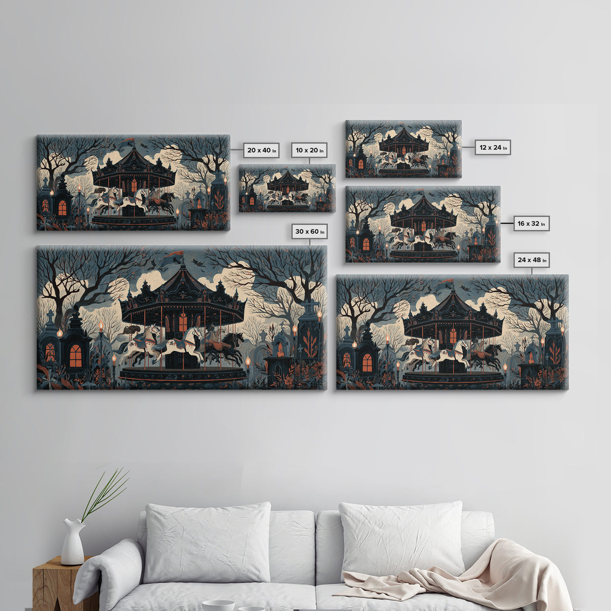 The Graveyard Carousel - Icon Portrait, Occult Wall Decor, Wide Panoramic Art, Canvas Print, Halloween Home Decor, Gothic Wall Art