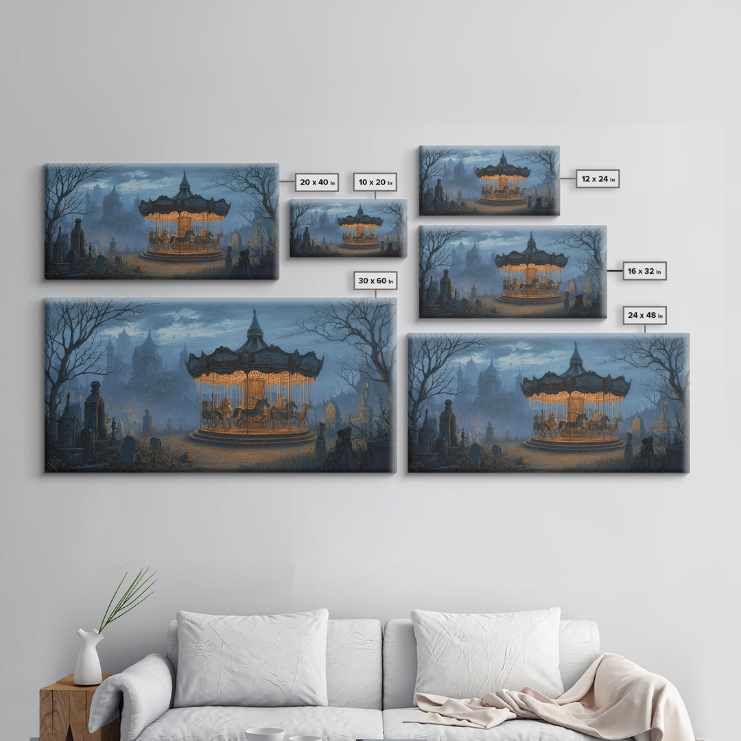 The Graveyard Carousel - Environmental Panorama, Spooky Wall Decor, Wide Panoramic Art, Framed Canvas Print, Halloween Home Decor