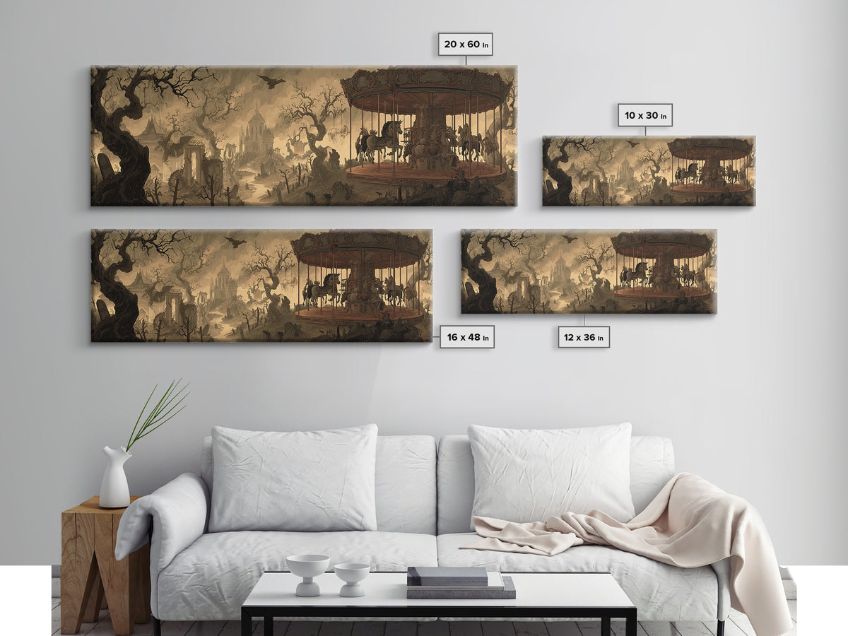 The Graveyard Carousel - Environmental Panorama, Dark Fantasy Wall Art, Extra Wide Wall Art, Canvas Print, Halloween Home Decor
