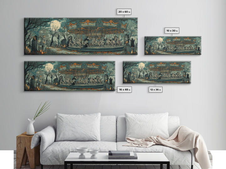 The Graveyard Carousel - Procession Scene, Halloween Wall Art, Extra Wide Wall Art, Framed Canvas Print, Halloween Home Decor