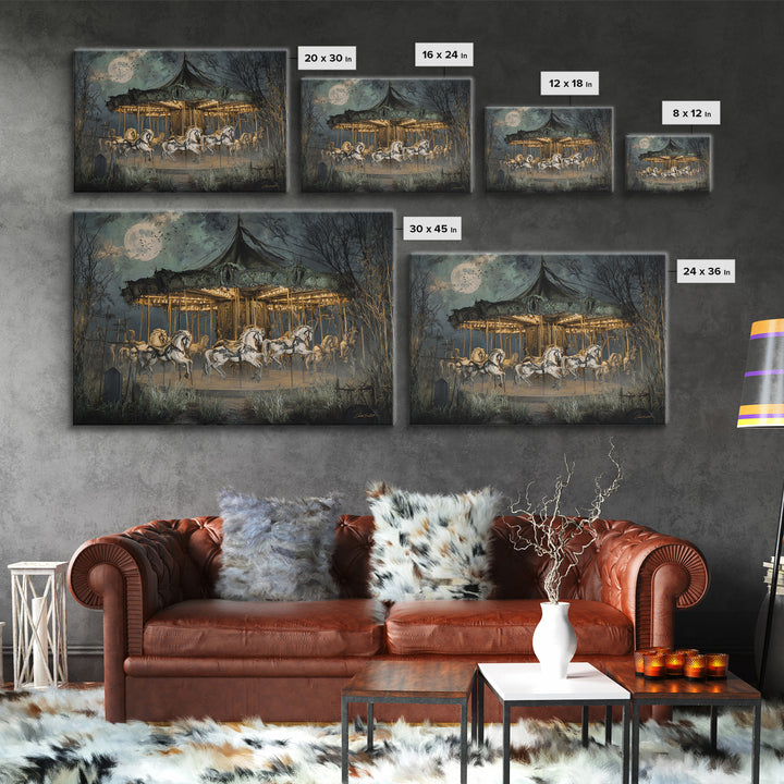 The Graveyard Carousel - Surreal Celestial Vision, Spooky Wall Decor, Landscape Wall Art, Framed Canvas Print, Halloween Home Decor