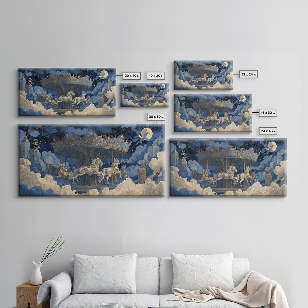 The Graveyard Carousel - Surreal Celestial Vision, Halloween Wall Art, Wide Panoramic Art, Framed Canvas Print, Halloween Home Decor