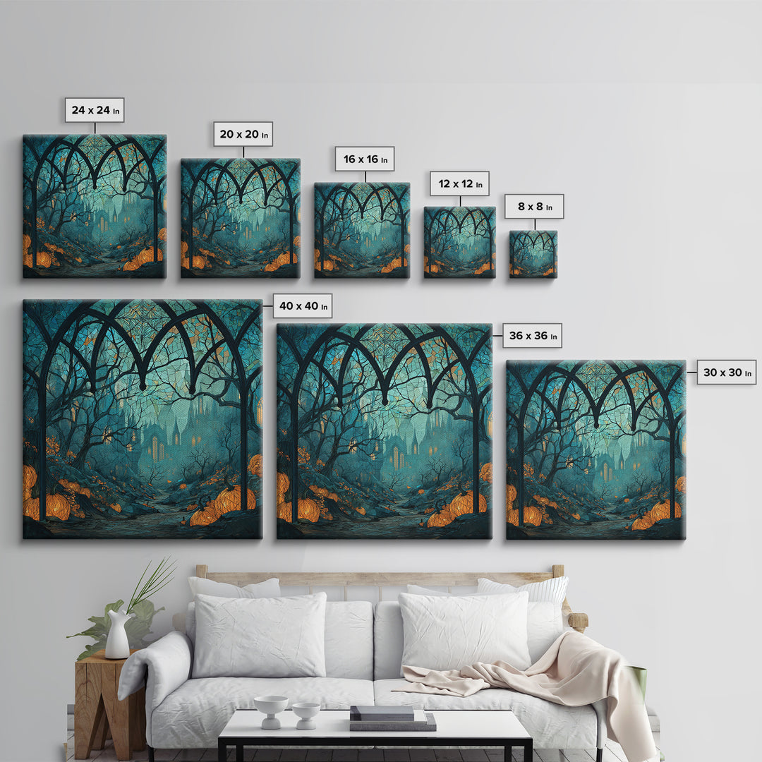The Spiderweb Cathedral Window - Environmental Panorama, Halloween Wall Art, Square Wall Art, Framed Canvas Print, Halloween Home Decor