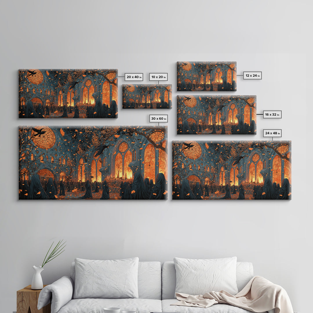 The Spiderweb Cathedral Window - Procession Scene, Occult Wall Decor, Wide Panoramic Art, Canvas Print, Halloween Home Decor