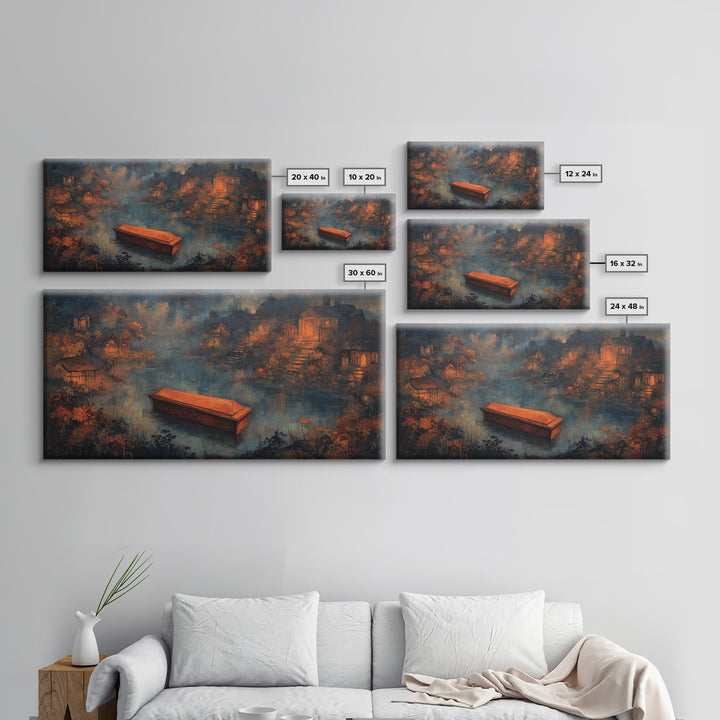 The Floating Coffin Garden - Environmental Panorama, Occult Wall Decor, Wide Panoramic Art, Canvas Print, Halloween Home Decor