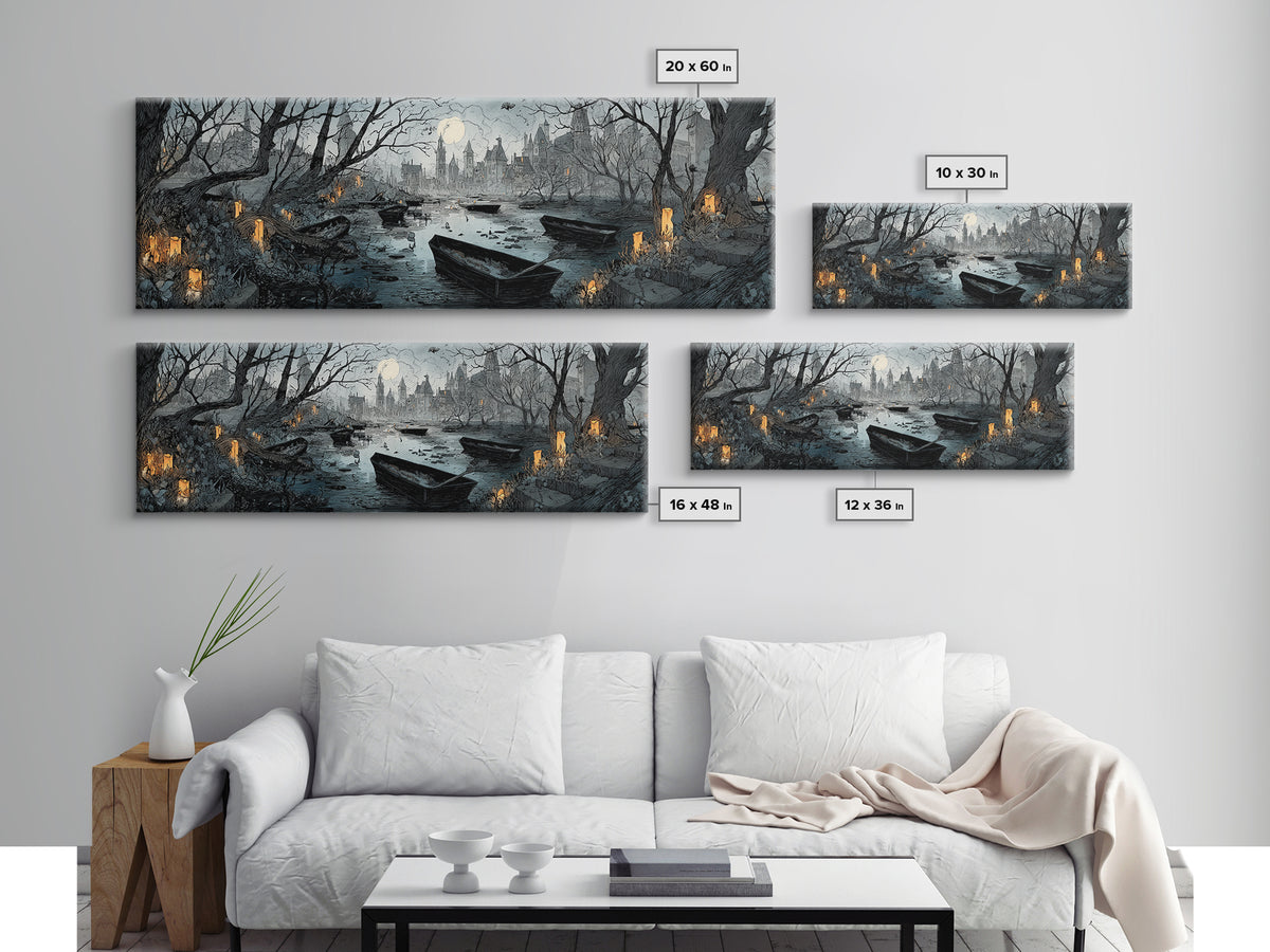 The Floating Coffin Garden - Environmental Panorama, Dark Fantasy Wall Art, Extra Wide Wall Art, Canvas Print, Halloween Home Decor