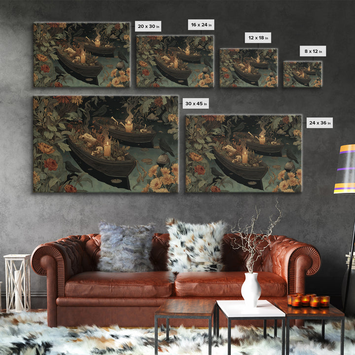 The Floating Coffin Garden - Occult Still Life, Spooky Wall Decor, Landscape Wall Art, Framed Canvas Print, Halloween Home Decor