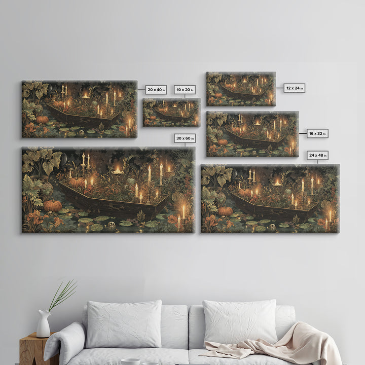 The Floating Coffin Garden - Occult Still Life, Spooky Wall Decor, Wide Panoramic Art, Framed Canvas Print, Halloween Home Decor