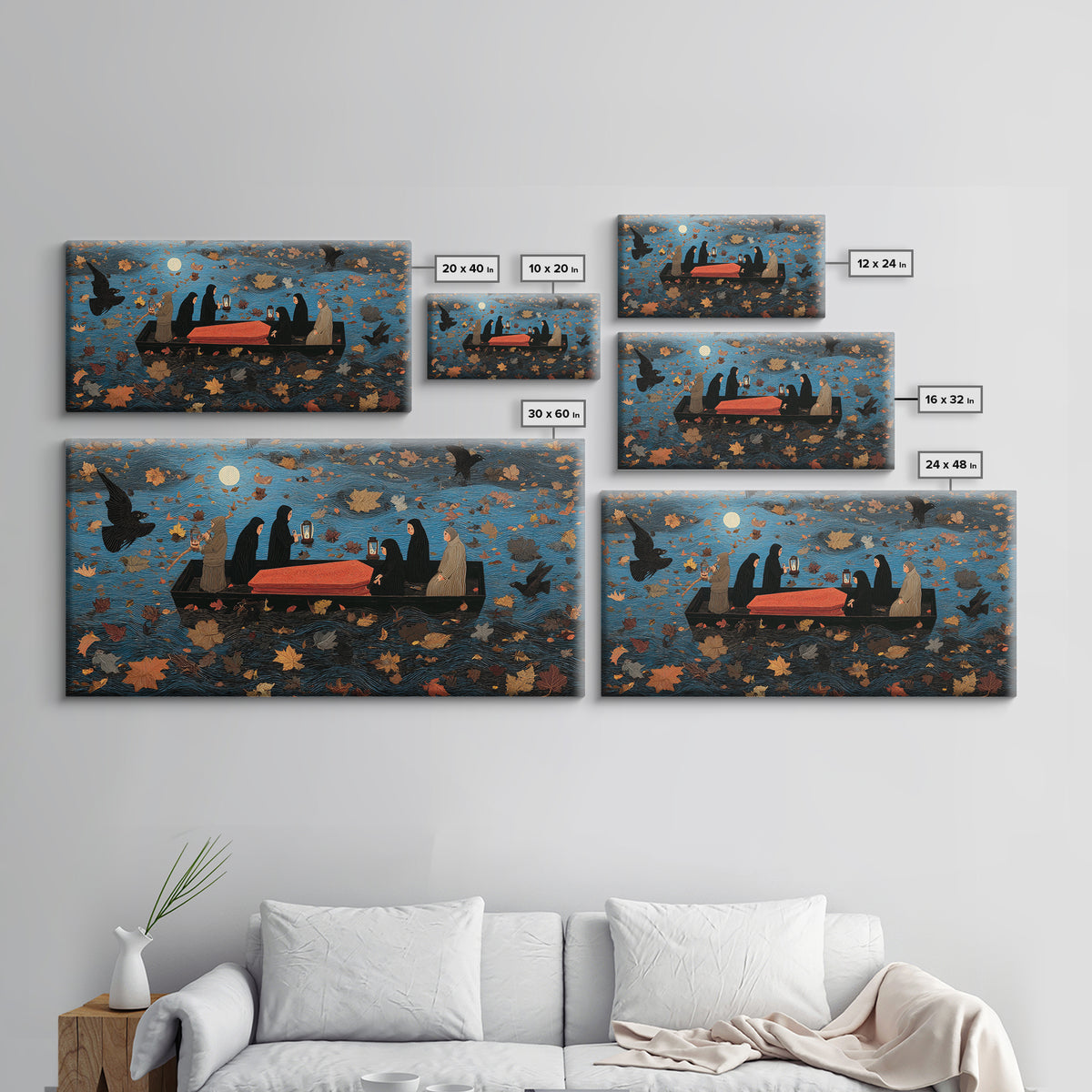 The Floating Coffin Garden - Procession Scene, Macabre Halloween Art, Wide Panoramic Art, Framed Canvas Print, Halloween Home Decor