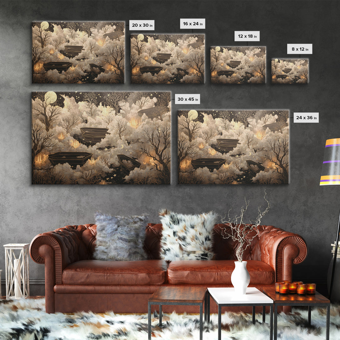 The Floating Coffin Garden - Surreal Celestial Vision, Macabre Halloween Art, Landscape Wall Art, Framed Canvas Print, Halloween Home Decor