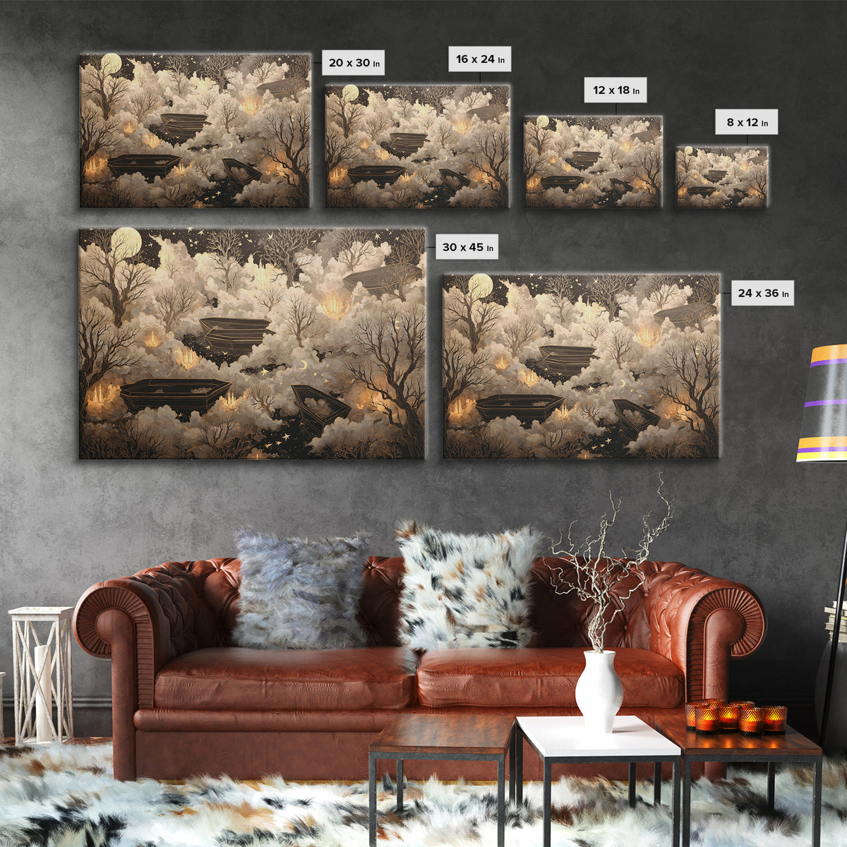 The Floating Coffin Garden - Surreal Celestial Vision, Macabre Halloween Art, Landscape Wall Art, Framed Canvas Print, Halloween Home Decor