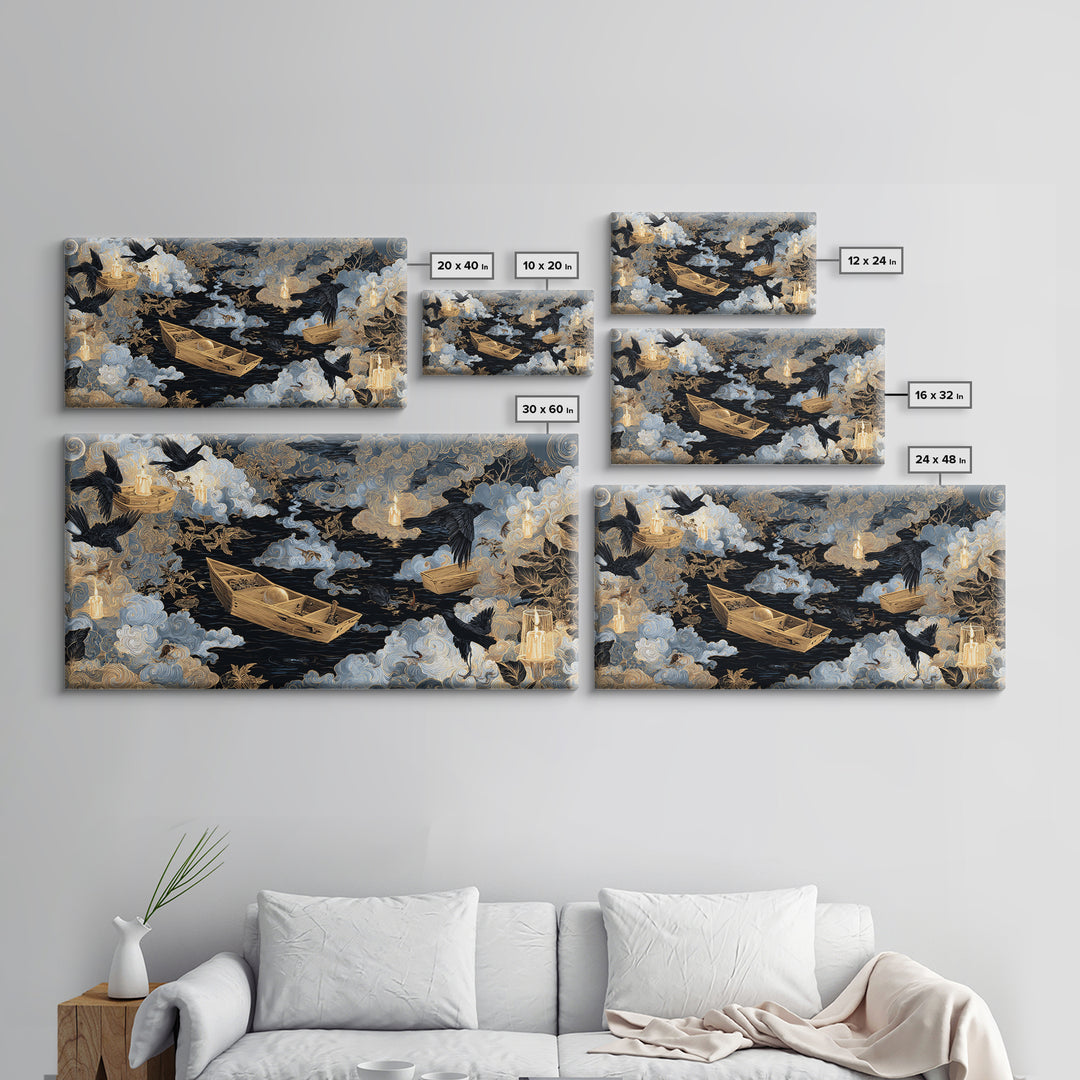 The Floating Coffin Garden - Surreal Celestial Vision, Halloween Wall Art, Wide Panoramic Art, Framed Canvas Print, Halloween Home Decor