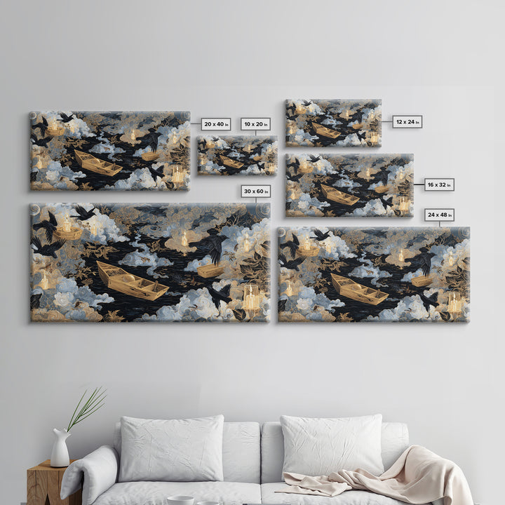The Floating Coffin Garden - Surreal Celestial Vision, Halloween Wall Art, Wide Panoramic Art, Framed Canvas Print, Halloween Home Decor
