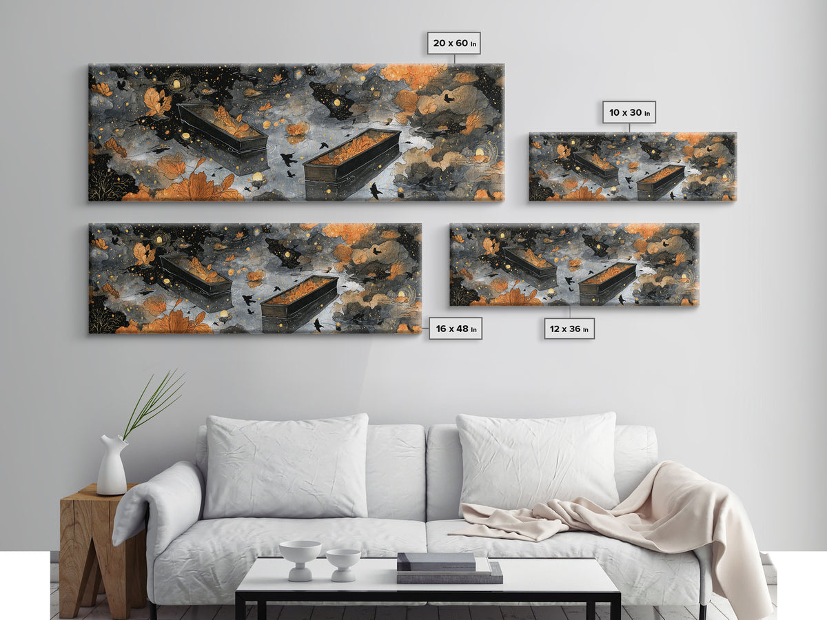 The Floating Coffin Garden - Surreal Celestial Vision, Spooky Wall Decor, Extra Wide Wall Art, Framed Canvas Print, Halloween Home Decor