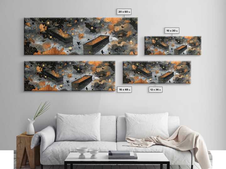 The Floating Coffin Garden - Surreal Celestial Vision, Spooky Wall Decor, Extra Wide Wall Art, Framed Canvas Print, Halloween Home Decor