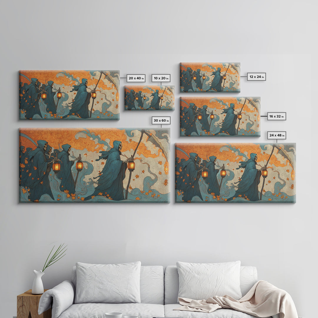 The Autumn Reaper Parade - Icon Portrait, Dark Fantasy Wall Art, Wide Panoramic Art, Canvas Print, Halloween Home Decor, Gothic Wall Art