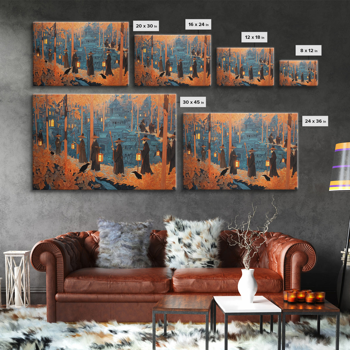 The Autumn Reaper Parade - Environmental Panorama, Macabre Halloween Art, Landscape Wall Art, Framed Canvas Print, Halloween Home Decor