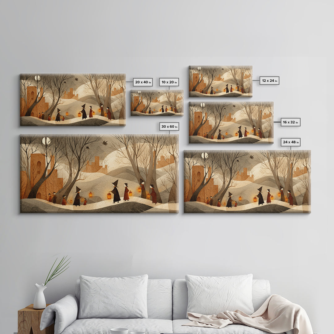The Autumn Reaper Parade - Environmental Panorama, Spooky Wall Decor, Wide Panoramic Art, Framed Canvas Print, Halloween Home Decor