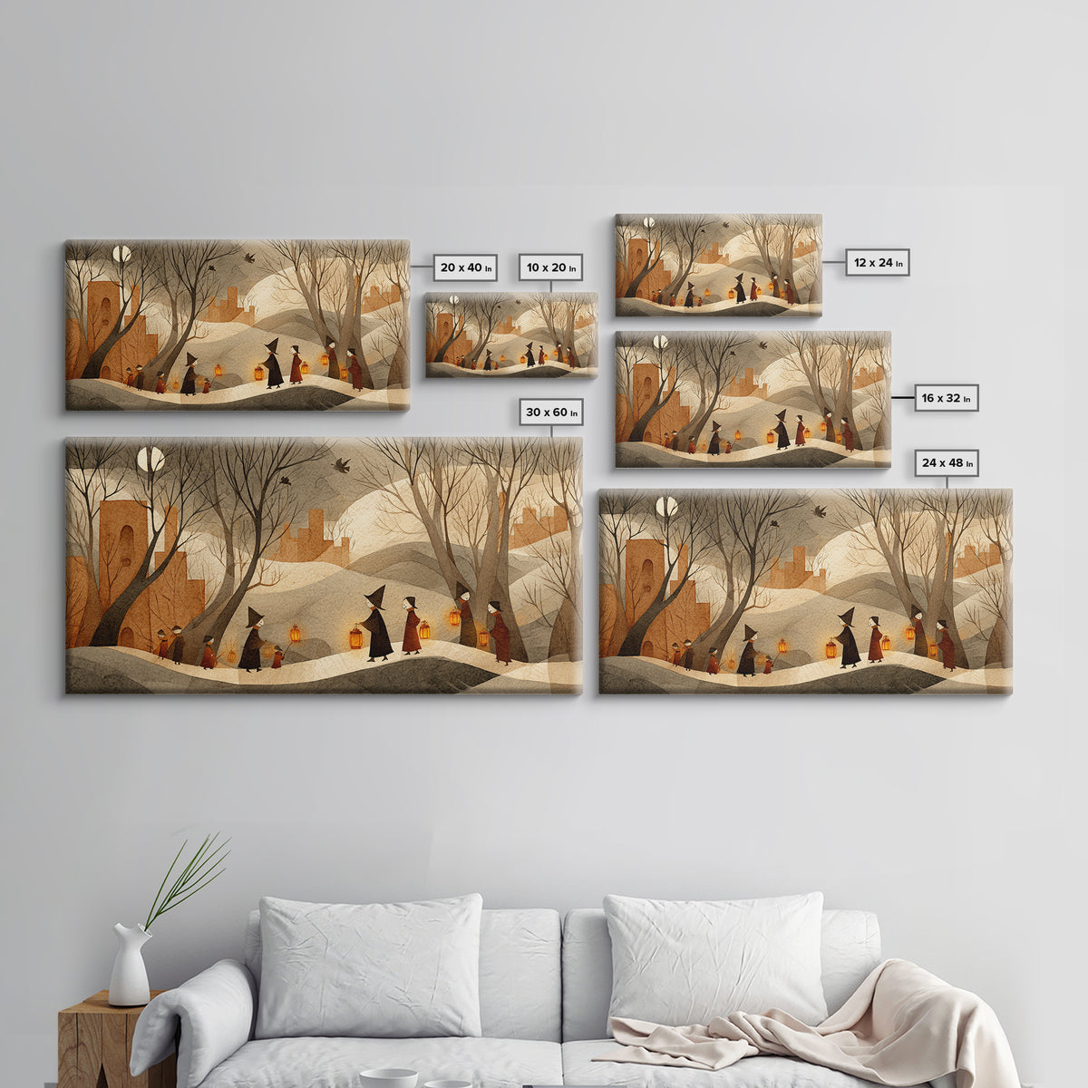 The Autumn Reaper Parade - Environmental Panorama, Spooky Wall Decor, Wide Panoramic Art, Framed Canvas Print, Halloween Home Decor