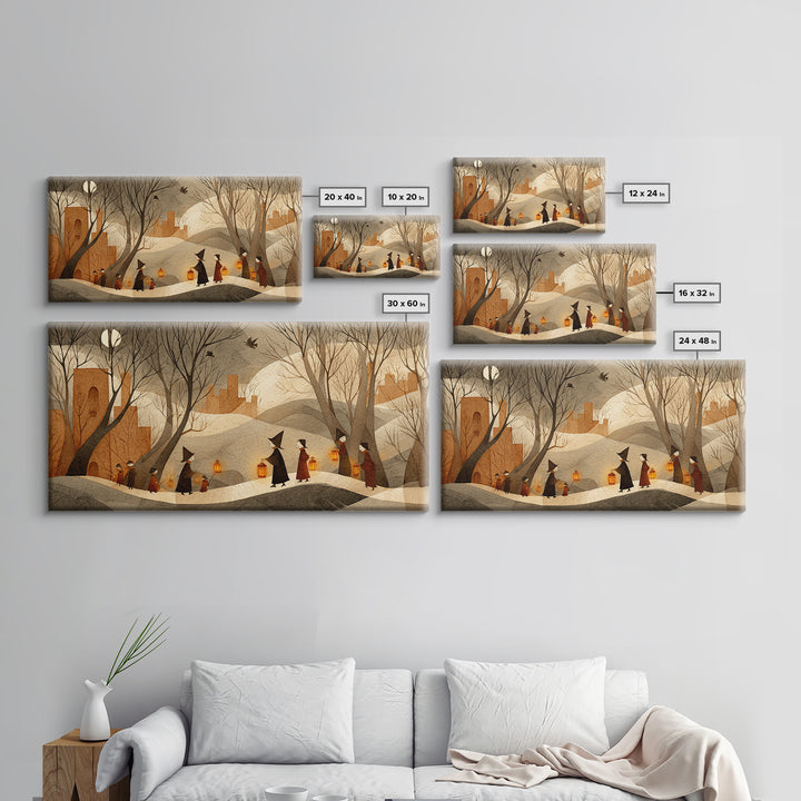 The Autumn Reaper Parade - Environmental Panorama, Spooky Wall Decor, Wide Panoramic Art, Framed Canvas Print, Halloween Home Decor