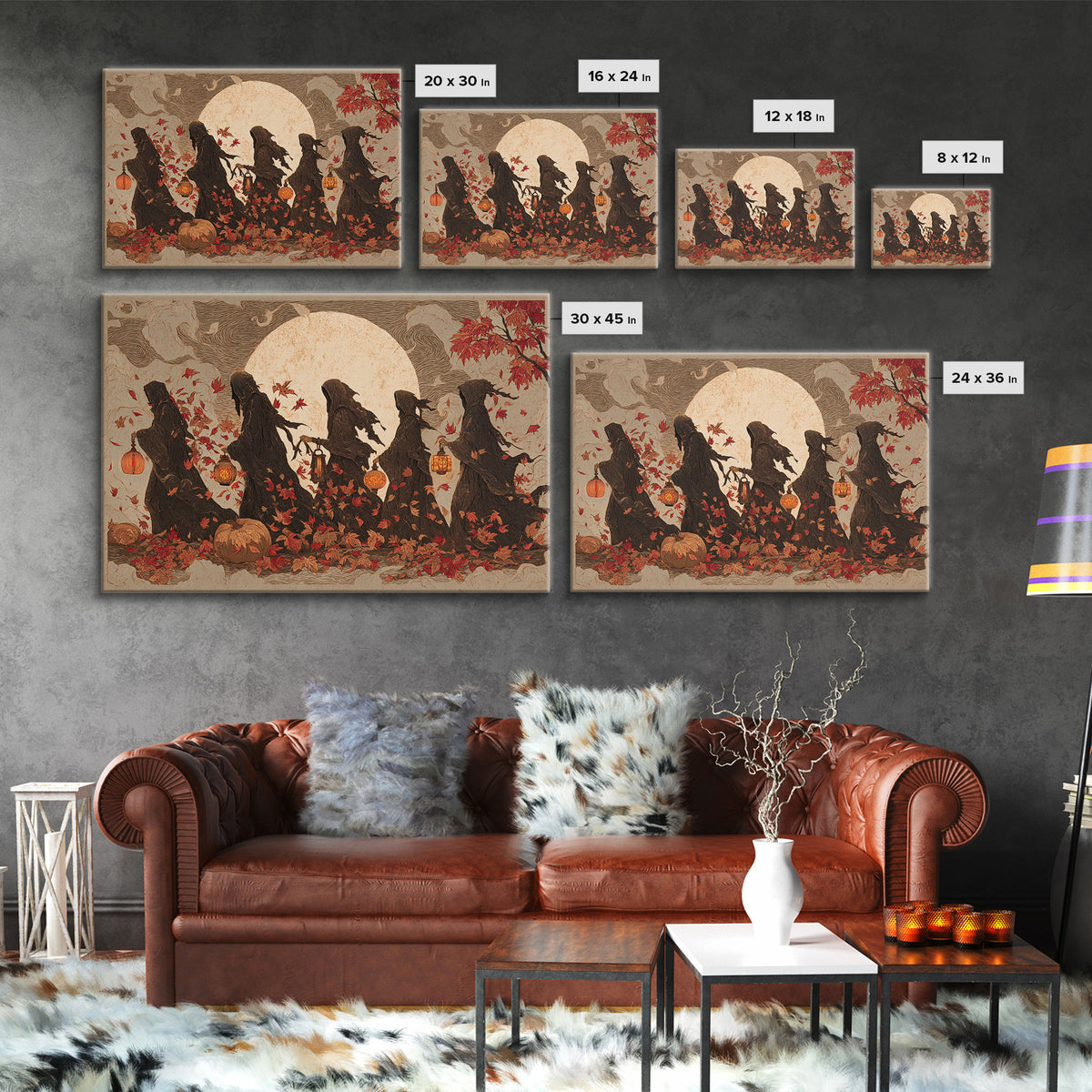 The Autumn Reaper Parade - Procession Scene, Macabre Halloween Art, Landscape Wall Art, Framed Canvas Print, Halloween Home Decor