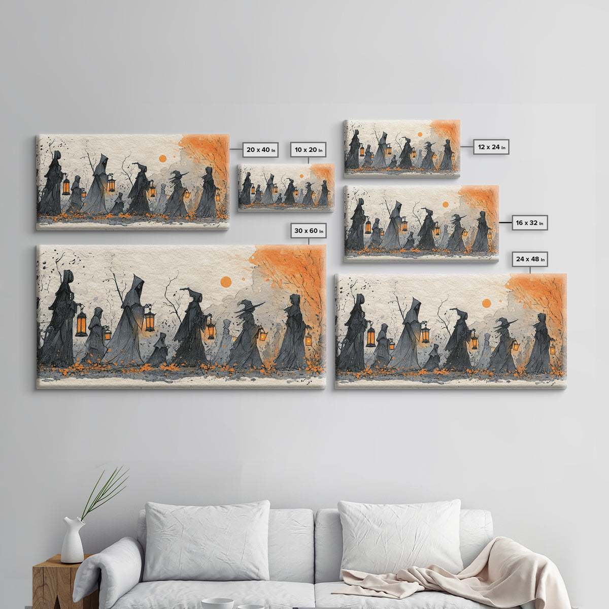 The Autumn Reaper Parade - Procession Scene, Spooky Wall Decor, Wide Panoramic Art, Framed Canvas Print, Halloween Home Decor