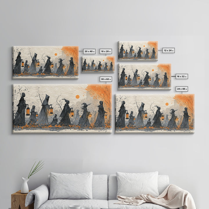 The Autumn Reaper Parade - Procession Scene, Spooky Wall Decor, Wide Panoramic Art, Framed Canvas Print, Halloween Home Decor