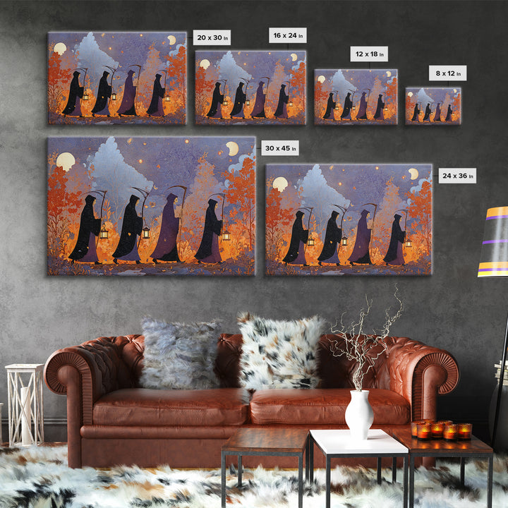 The Autumn Reaper Parade - Surreal Celestial Vision, Spooky Wall Decor, Landscape Wall Art, Framed Canvas Print, Halloween Home Decor