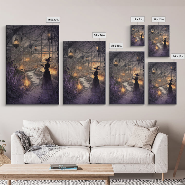 The Witch Queen Greenhouse - Environmental Panorama, Halloween Wall Art, Vertical Wall Art, Framed Canvas Print, Halloween Home Decor