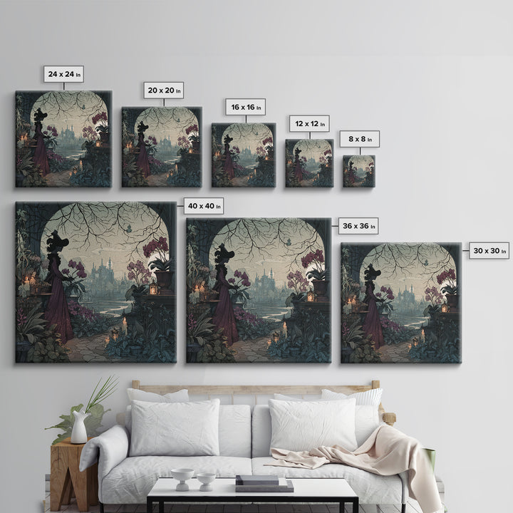 The Witch Queen Greenhouse - Environmental Panorama, Spooky Wall Decor, Square Wall Art, Framed Canvas Print, Halloween Home Decor