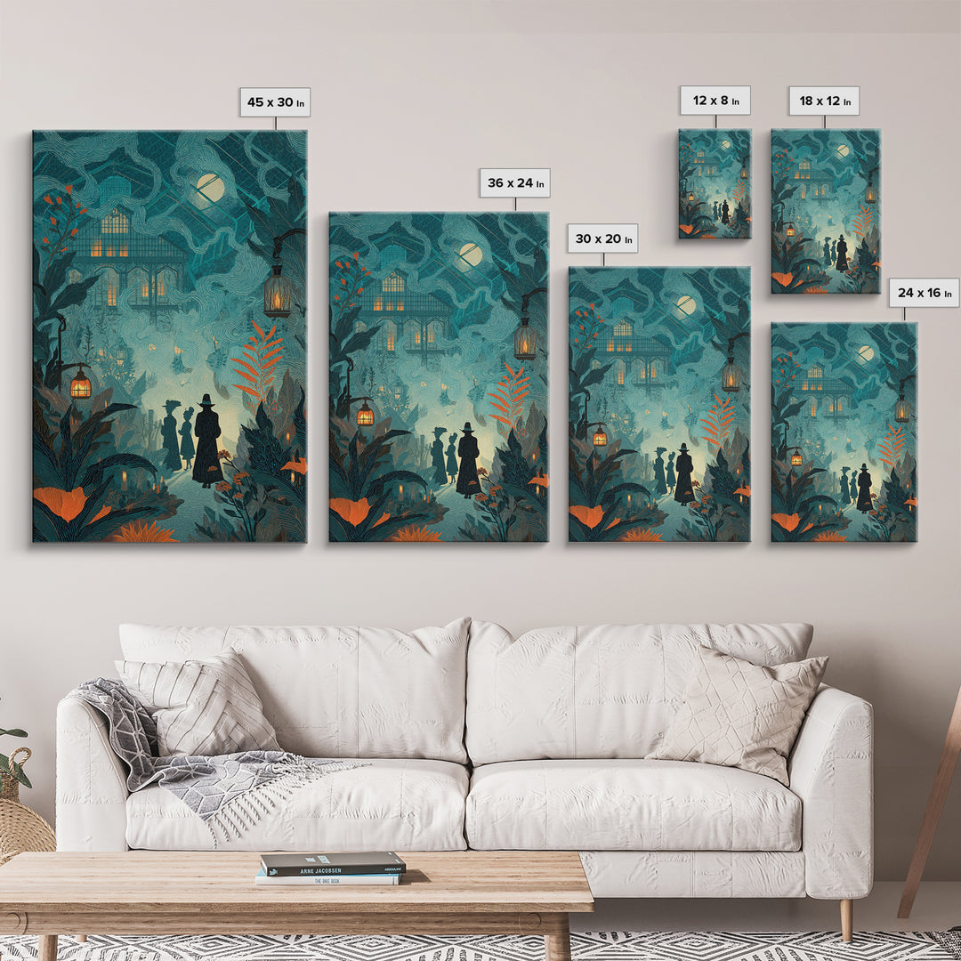 The Witch Queen Greenhouse - Procession Scene, Macabre Halloween Art, Vertical Wall Art, Framed Canvas Print, Halloween Home Decor