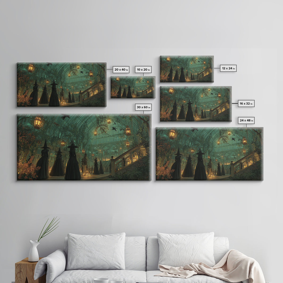 The Witch Queen Greenhouse - Procession Scene, Spooky Wall Decor, Wide Panoramic Art, Framed Canvas Print, Halloween Home Decor