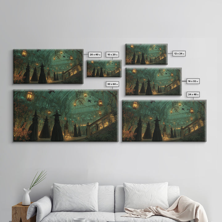 The Witch Queen Greenhouse - Procession Scene, Spooky Wall Decor, Wide Panoramic Art, Framed Canvas Print, Halloween Home Decor