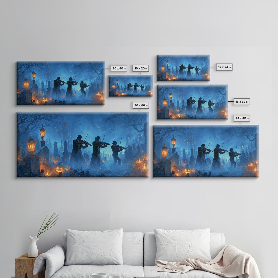 The Ghostly Violin Procession - Icon Portrait, Halloween Wall Art, Wide Panoramic Art, Framed Canvas Print, Halloween Home Decor