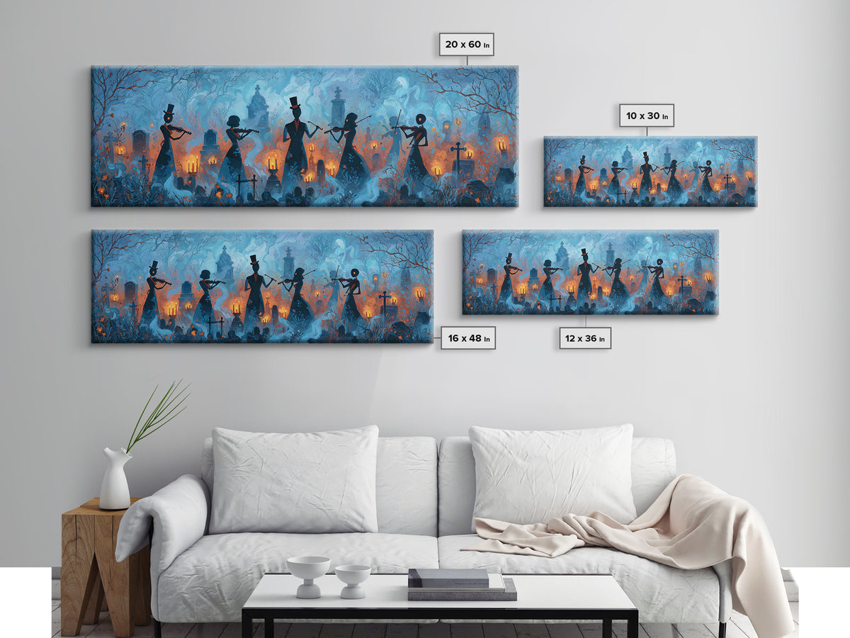 The Ghostly Violin Procession - Icon Portrait, Macabre Halloween Art, Extra Wide Wall Art, Framed Canvas Print, Halloween Home Decor