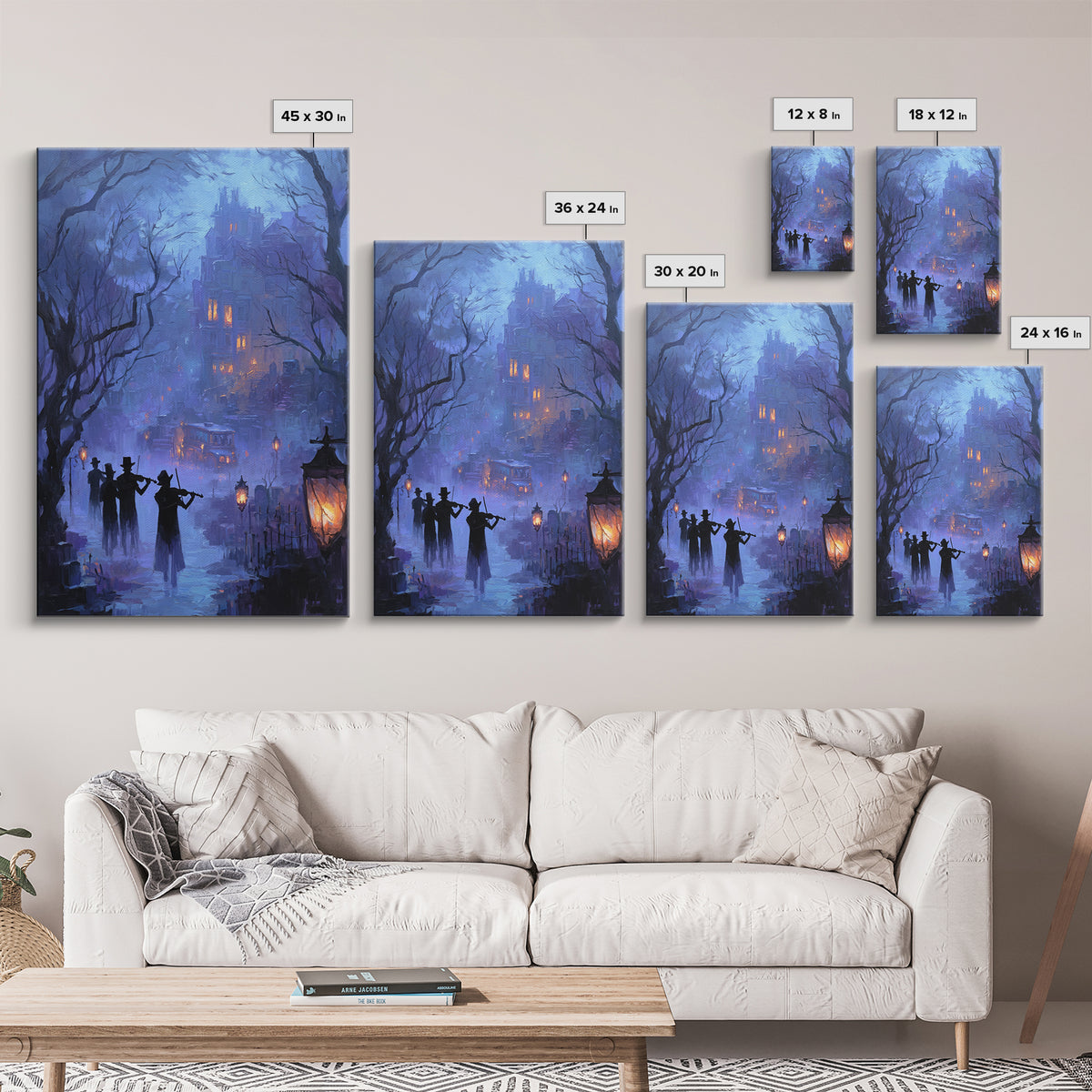 The Ghostly Violin Procession - Environmental Panorama, Spooky Wall Decor, Vertical Wall Art, Framed Canvas Print, Halloween Home Decor