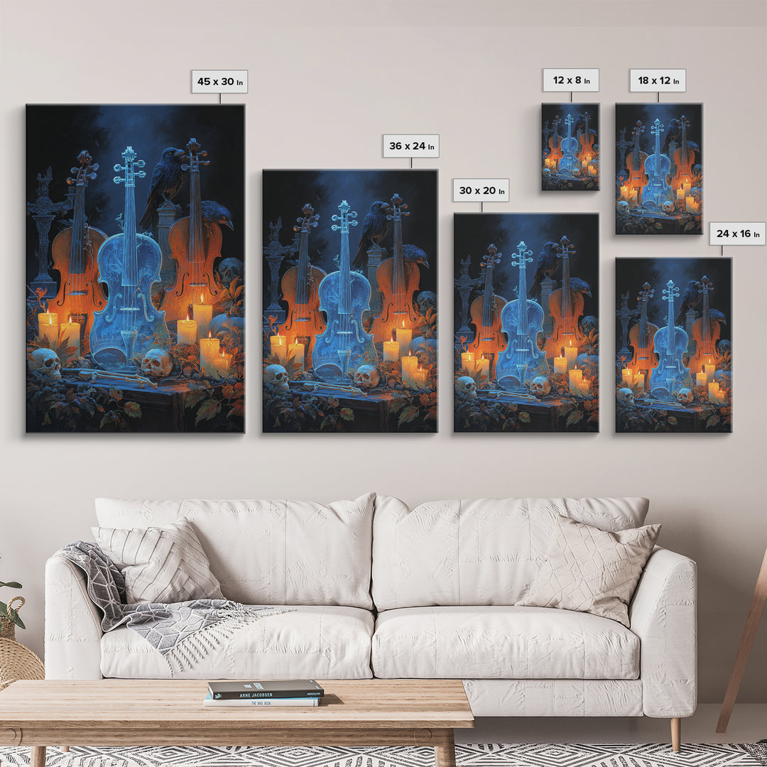 The Ghostly Violin Procession - Occult Still Life, Halloween Wall Art, Vertical Wall Art, Framed Canvas Print, Halloween Home Decor