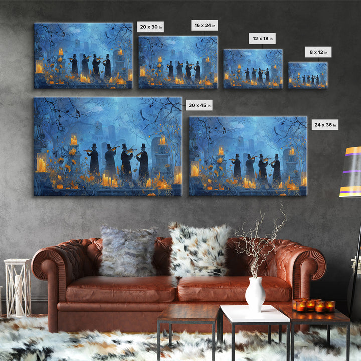 The Ghostly Violin Procession - Occult Still Life, Spooky Wall Decor, Landscape Wall Art, Framed Canvas Print, Halloween Home Decor