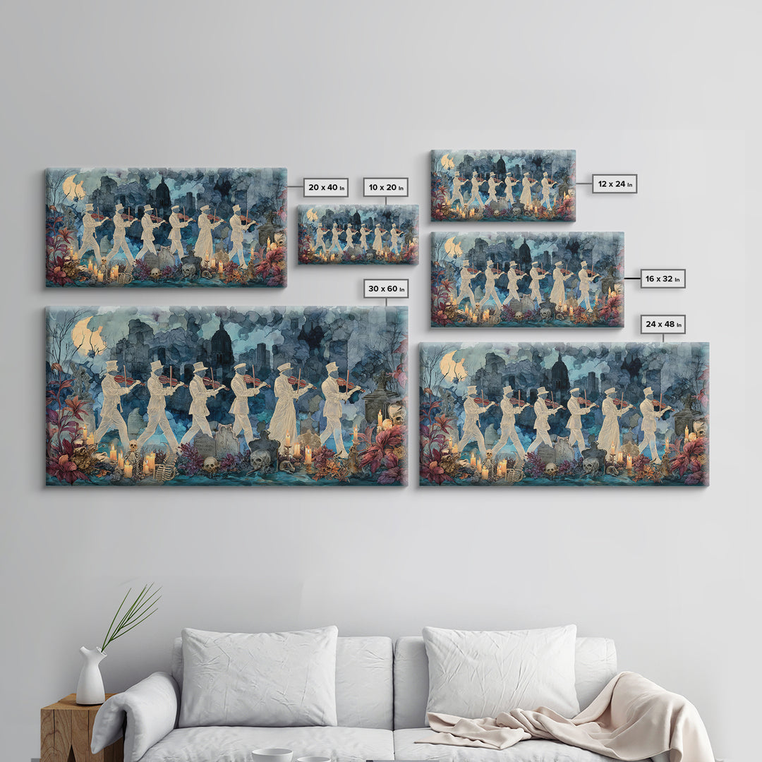 The Ghostly Violin Procession - Occult Still Life, Spooky Wall Decor, Wide Panoramic Art, Framed Canvas Print, Halloween Home Decor