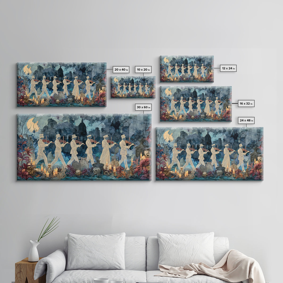 The Ghostly Violin Procession - Occult Still Life, Spooky Wall Decor, Wide Panoramic Art, Framed Canvas Print, Halloween Home Decor
