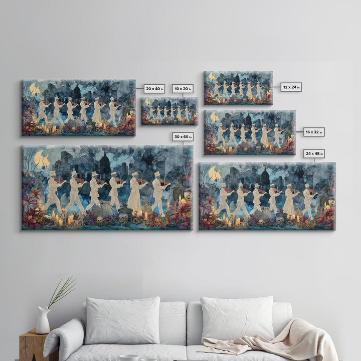 The Ghostly Violin Procession - Occult Still Life, Spooky Wall Decor, Wide Panoramic Art, Framed Canvas Print, Halloween Home Decor