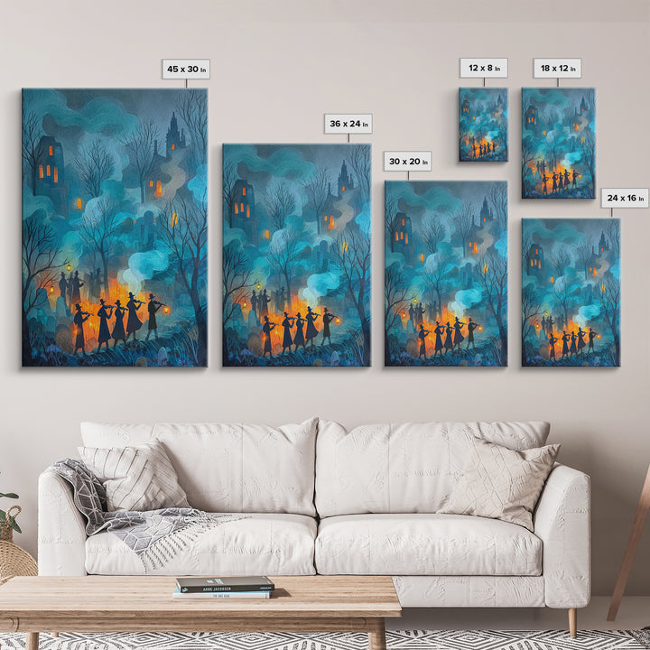 The Ghostly Violin Procession - Procession Scene, Macabre Halloween Art, Vertical Wall Art, Framed Canvas Print, Halloween Home Decor