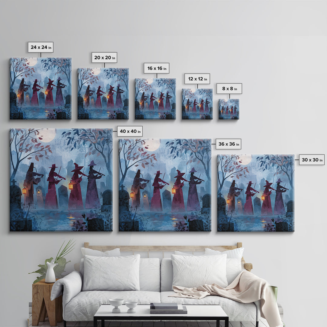The Ghostly Violin Procession - Procession Scene, Macabre Halloween Art, Square Wall Art, Framed Canvas Print, Halloween Home Decor
